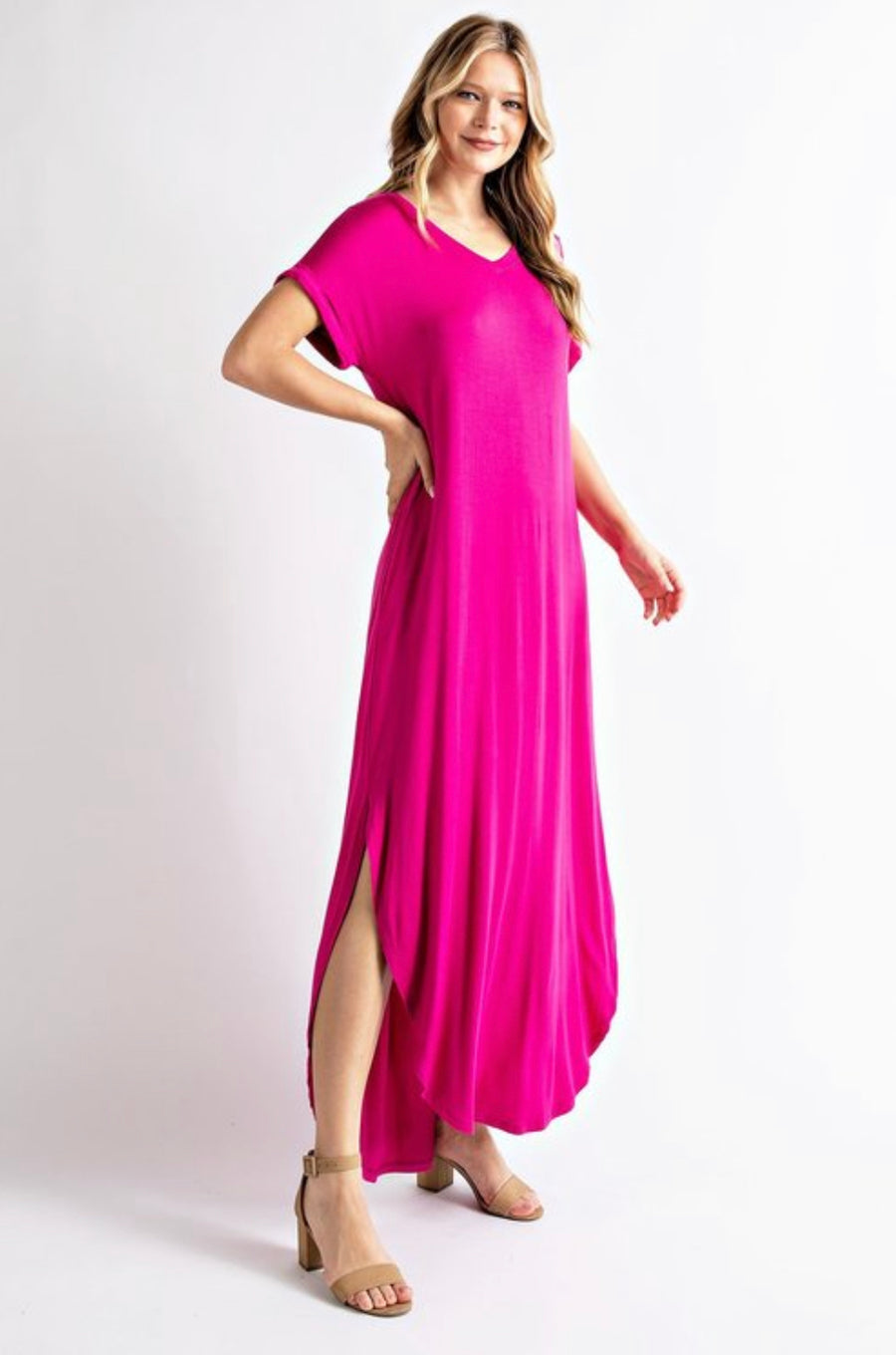 Magenta Basic V-Neck Maxi Dress with Pockets and Side Slits - iavisionboutique