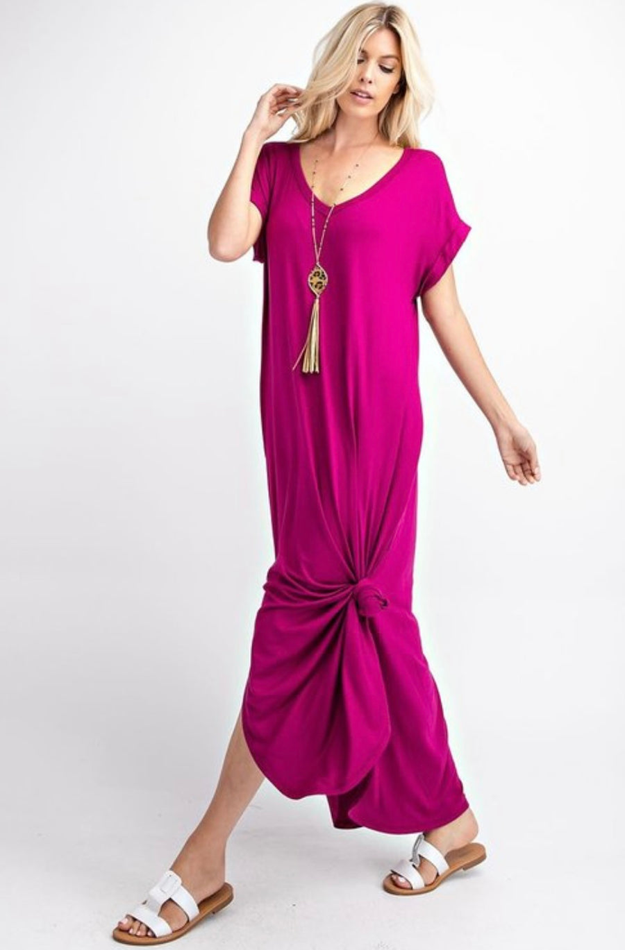 Magenta Basic V-Neck Maxi Dress with Pockets and Side Slits - iavisionboutique