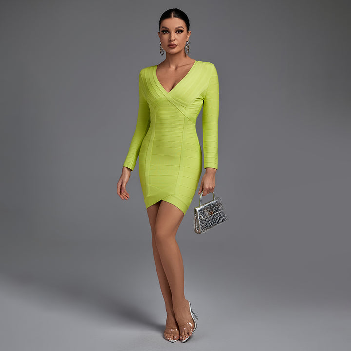 Green Striped V Neck Bandage Dress - iavisionboutique