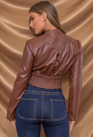 Brown leather corset jacket features a zippered front - iavisionboutique