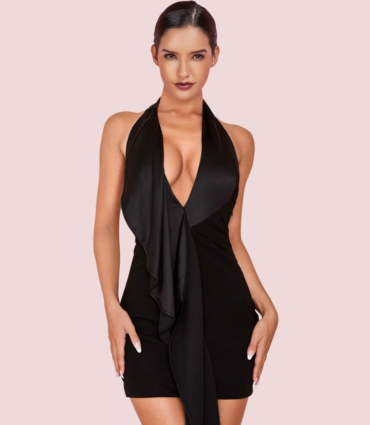 Black Halter Sleeveless Frill Backless Bodycon Dress - iavisionboutique