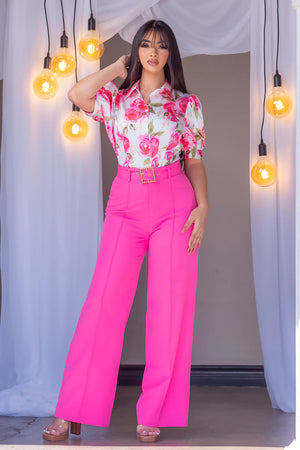 Rose Floral Button Up Blouse W/ Pants Set